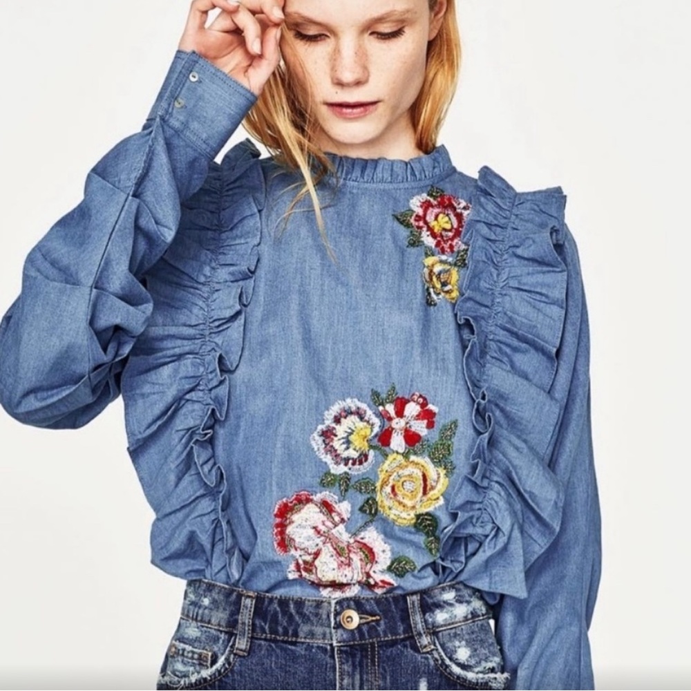 Zara Chambray Denim Ruffle Floral Embroidered Top
